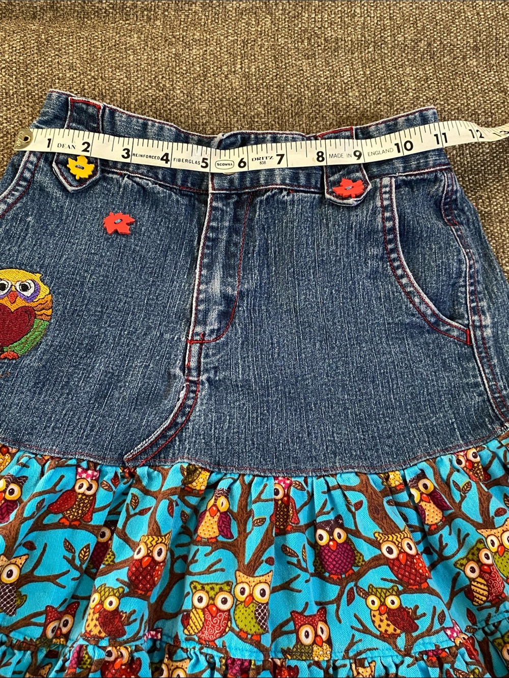 SO 4th adorable Jean twill owl pattern twirl dress so CUTE!! Girls L 10/12 - Picture 7 of 9